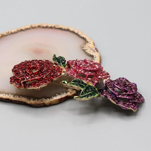 Jewelry pin brooch rose roses flower large gold tone pink red purple fashion - Picture 4 of 12